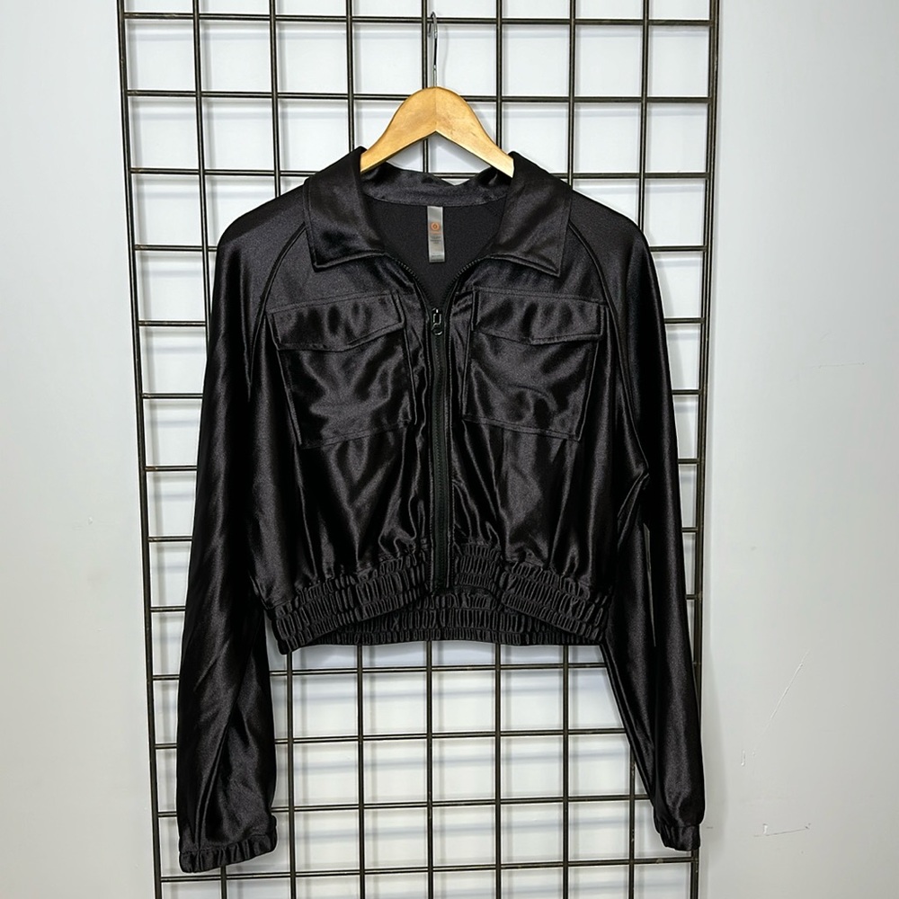 black satin mono b cropped jacket